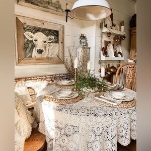 Artisan Farmhouse lace crochet boho table cloth w modern colonial granny vibe
